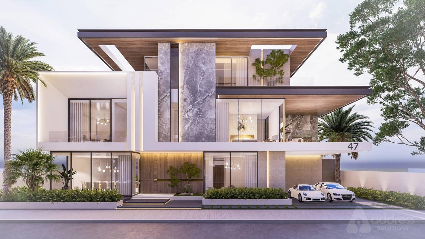 Modern luxury villa exterior with landscaped garden